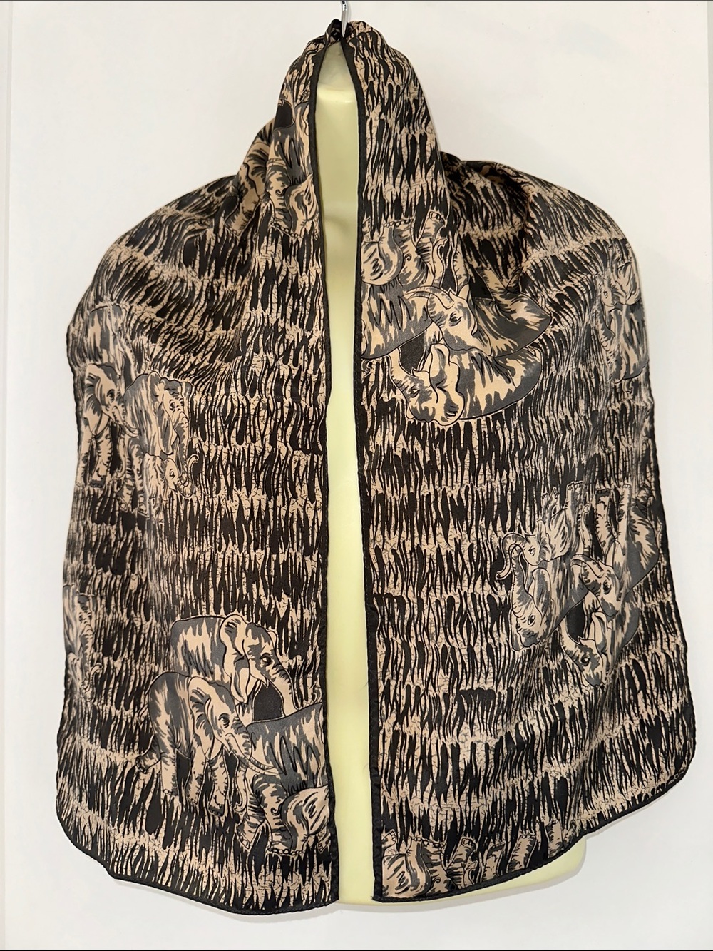 Vintage Apexx Brand Elephant Print‎ Lightweight Polyester Scarf in Gray and Tan